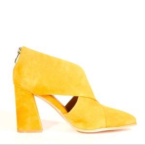 Golden suede Christina chunky heels with crossover straps back zipper